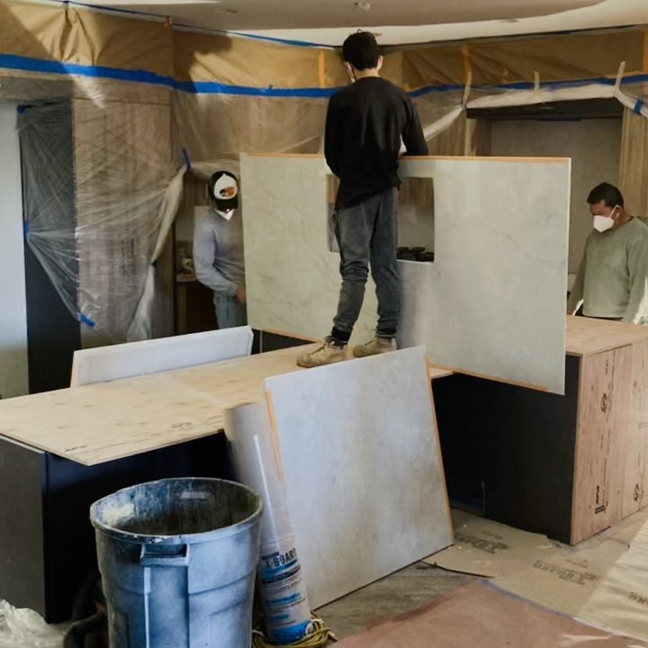 We are so close. 🙏🏻Thankful to have such a great team, fabricating natural stone, custom building cabinets, laying tile with an artist touch 👩🎨. @monicahamer3 and her team of trouble 😍 🔨👊🏼