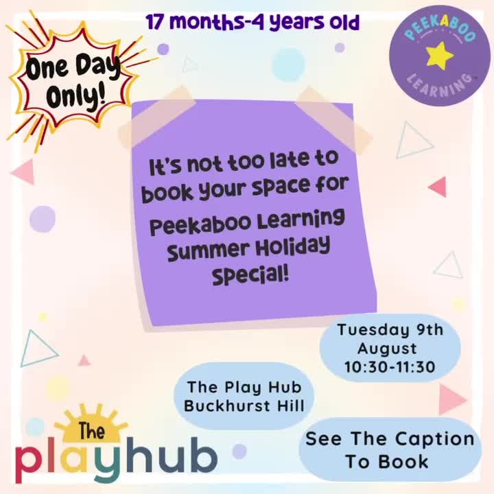 📣 For ONE DAY ONLY!
💃 Peekaboo Learning Summer Holiday Special is at The Playhub, Buckhurst Hill
🤩 With lots of exciting activities including messy play, arts & crafts and role play!
🌟Parents of 17months-4year olds🌟
📅 Tuesday 9th August
⏰ 10:30-11:30
📍 At The Play Hub, Buckhurst Hill
🌟 £7.50 per child
🌟 £5 per sibling
💜 I can’t wait to see you all there!
🔝 Limited availability and spaces are filling up so don’t miss out and book yours through the link in my bio
(The Play Hub 84 Westbury Lane, Buckhurst Hill, IG9 5PW)
💫 Please note, pre-booking is essential before attending any Peekaboo Learning classes.
.
.
.
#summerinchigwell #summerwithkids #summerinbuckhursthill #learningphonics #phonicslearning#primaryteaching #primaryeducation #letthemplay #makelearningfun #chigwellmums #woodfordmums #buckhursthillmums #redbridgemums #childdevelopment #finemotorskills #eyfslearning #thingstodowithkids #thingstodoinchigwellforkids #learningthroughplay #learnthroughplay #2yearolds #3yearolds #4yearolds