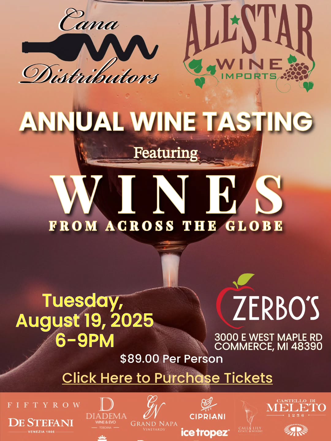 Join us for our Annual Wine Tasting August 19, 2025. Over 150 Wines! Tickets available at Zerbos.com/upcomingevents #zerbosbistro #allstarwineimports #canadistributorsmi