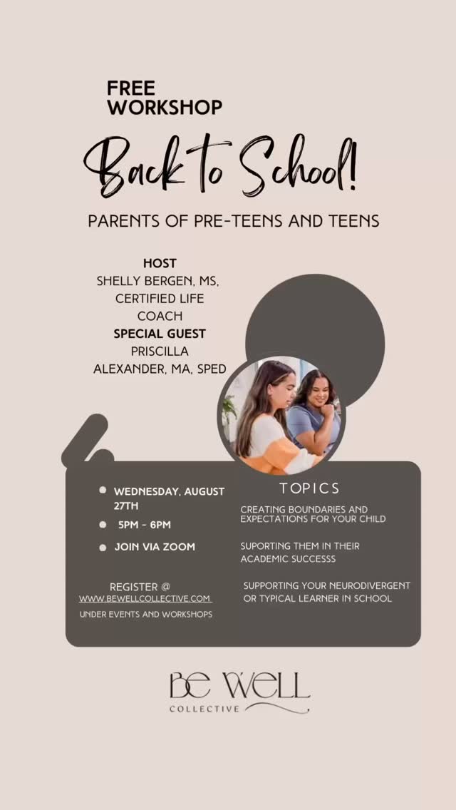 🌟🚨 Parents of preteens and teens: Is back-to-school season stressing you out? 😩 Get ahead with our FREE virtual workshop: Back to School for Parents of Preteens and Teens!
Hosted by Shelly Bergen, MS, certified life coach, with special guest Priscilla Alexander, MA SPED.
📅 Wednesday, August 27
🕔 5-6 PM
📍 Via Zoom
Dive into practical strategies for:
• Creating healthy boundaries & expectations
• Boosting your child’s academic success
• Supporting neurodivergent or typical learners in school
Spots are limited—register NOW at bewellcollective.com under Events & Workshops!
Comment “PARENTING” below for the direct link and more details. Let’s make this school year the best one yet! 👏 #ParentingTips #BackToSchool #NeurodivergentSupport