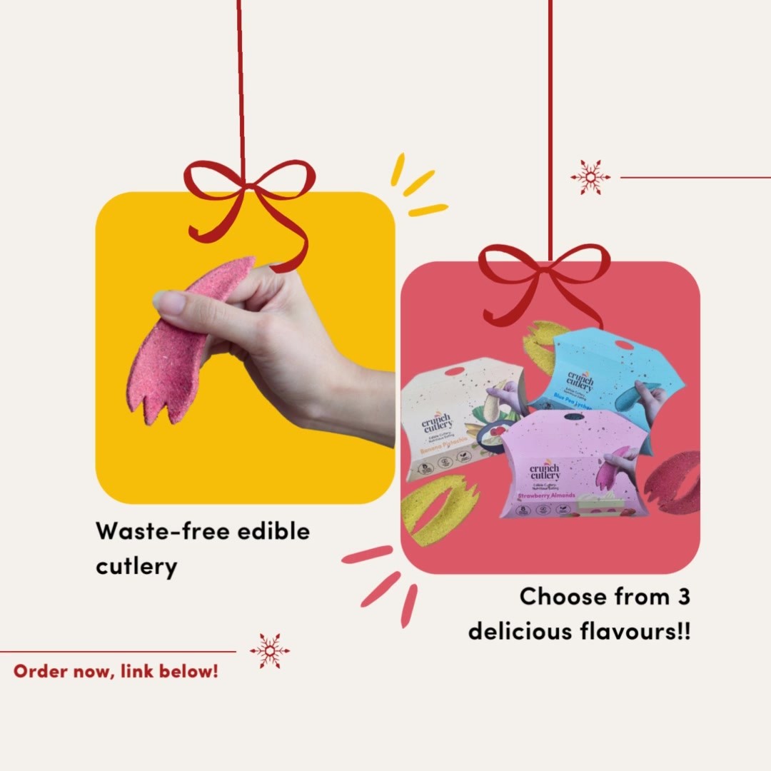 Ditch boring cutlery and spice up your holiday meals with our fun and tasty edible cutlery! 🥳🥳
Crunch cutlery in fun flavours makes for an exciting and unique Christmas gift for anyone! These fun and tasty utensils add a touch of whimsy to any holiday meal and are sure to be a hit with family and friends. Whether you're enjoying a delicious Christmas feast or indulging in some festive snacks, our edible cutlery adds a playful twist to your dining experience. 😋
Crunch Cutlery is also environmentally friendly, making it the perfect gift for those who are eco-conscious. This Christmas, surprise your loved ones with a gift that's both fun and sustainable - edible cutlery in fun flavors!
#crunchcutlery #supportlocal #christmas2022
#sggifting #giftideas #christmasgifts #sustainability
#sustainablegifting #sustainablesg #sgfoodie
#crunchcutlery #festivecrunch