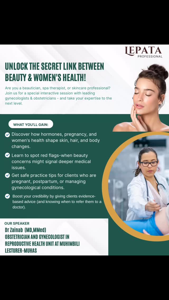 Why attend?
Because your clients trust you.
We’ll help you bridge beauty and health-so you can serve them better, safely, and with confidence.
Don’t miss this rare opportunity to
learn directly from medical experts!
#lepatacircle #lepataprofessional #lepataprofessionalday #beautyexpertstanzania #beautyexpertstanzania #imattending #daressalaamevents