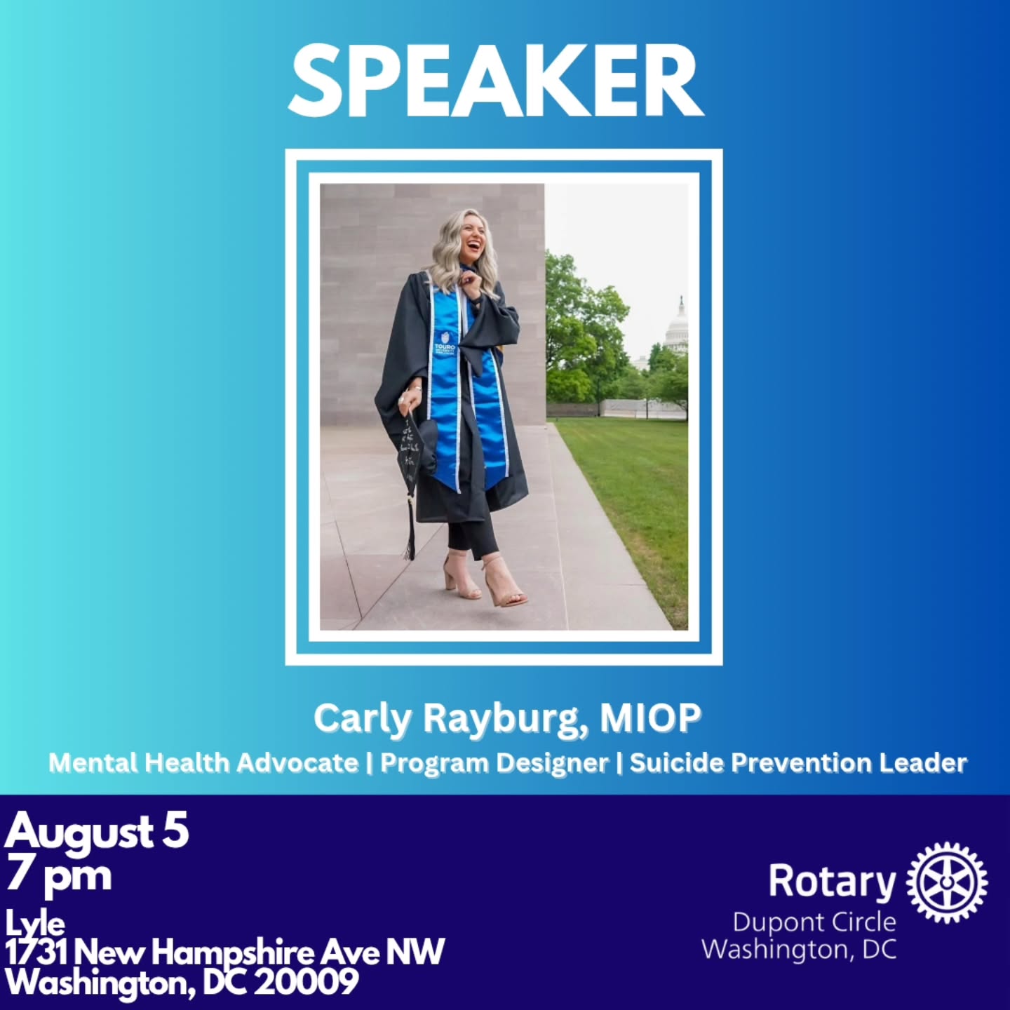 Join us next week as speaker @carlyrayburg presents on "Living On Purpose.” Carly is a nationally recognized leader in suicide prevention, mental health advocacy, and wellness education. With nearly a decade of experience across government, nonprofit, and military-affiliated settings, Carly brings a powerful combination of clinical insight, leadership expertise, and hands-on program innovation to the communities she serves. #dupontrotary #serviceaboveself