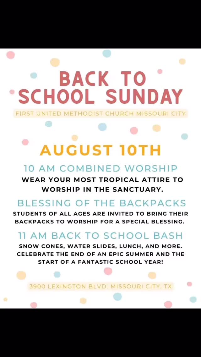 Today’s the day! Don’t forget to wear your tropical attire and join us for FUMC’s Backpack Blessing at 10. Stay afterward for fun in the sun, featuring hot dogs, snow cones, and more! It’s a perfect day for a Back to School Bash!