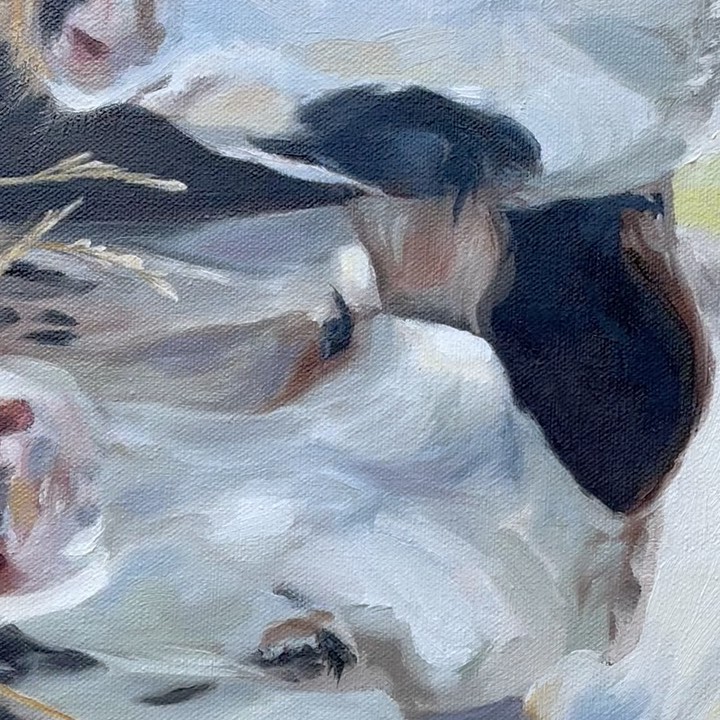 The icing on the cake is to varnish a painting. It brings back the luster of the oil especially in the dark areas. Here I used lavender damar by Chelsea Classical. It costs more but my health is important to me. It’s important to me to use the best materials. It’s non yellowing and the same ingredients the masters used hundreds of years ago. And it smells amazing!! These sweet cows are now available on my website. See profile for link.