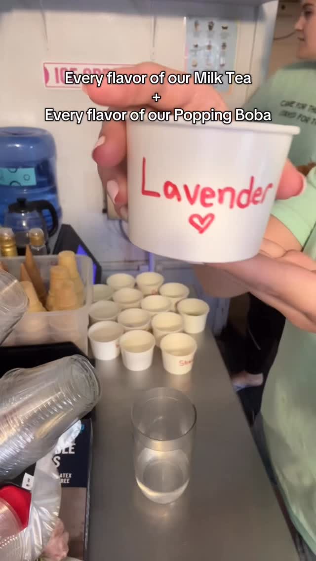 Trying every flavor of our milk tea with every flavor of our popping boba! Tasted like everything and nothing. ๐คฃ see how much Kali loves it?! ๐ #milktea #boba #foodie