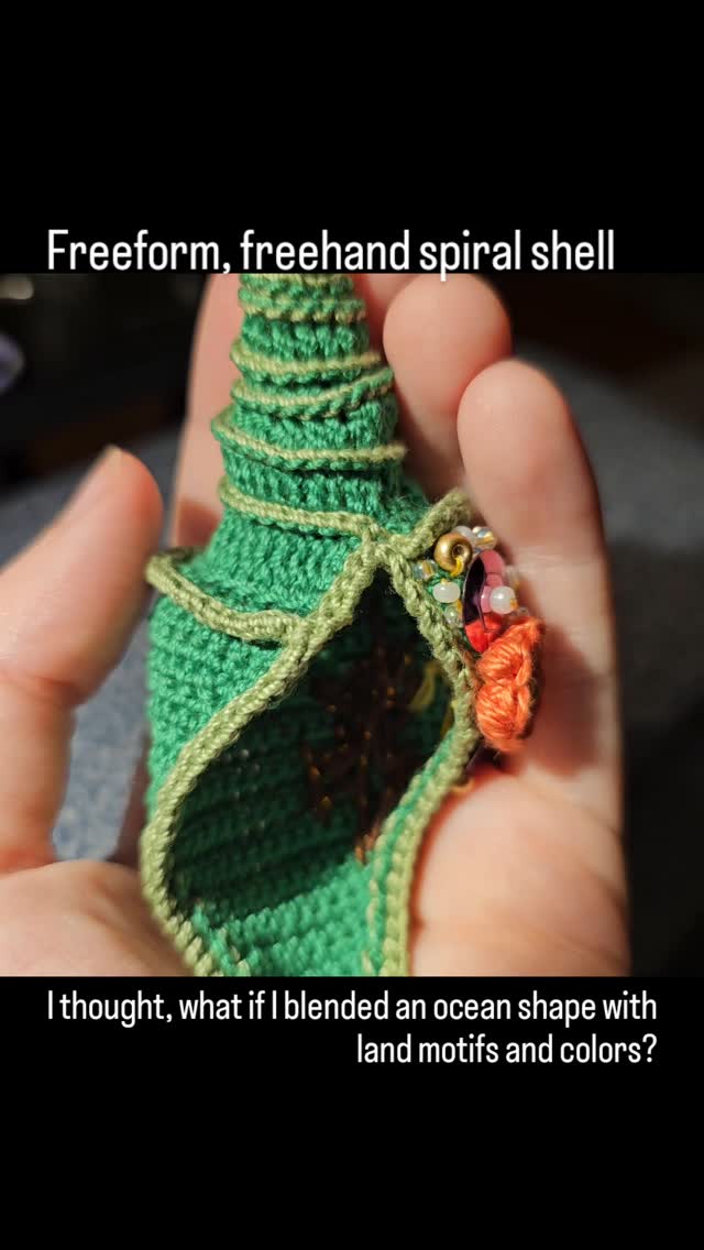 Just a little something I feel really proud of. This was freehanded but heavily inspired by the beautiful work @heegeldab does ❤️ I highly recommend her Domestika course and gorgeous patterns!!
This color green isn't one I associate with the ocean, so I thought I might blend it with motifs that you would find on land. I don't know if I want to add more to it or leave it as is! But I definitely want to make a shadowbox piece out of it!
#crochetersofinstagram #crochet #freeform #freehand #sequins #beaded #embellished #seashell #fiberarts #artisan #maker