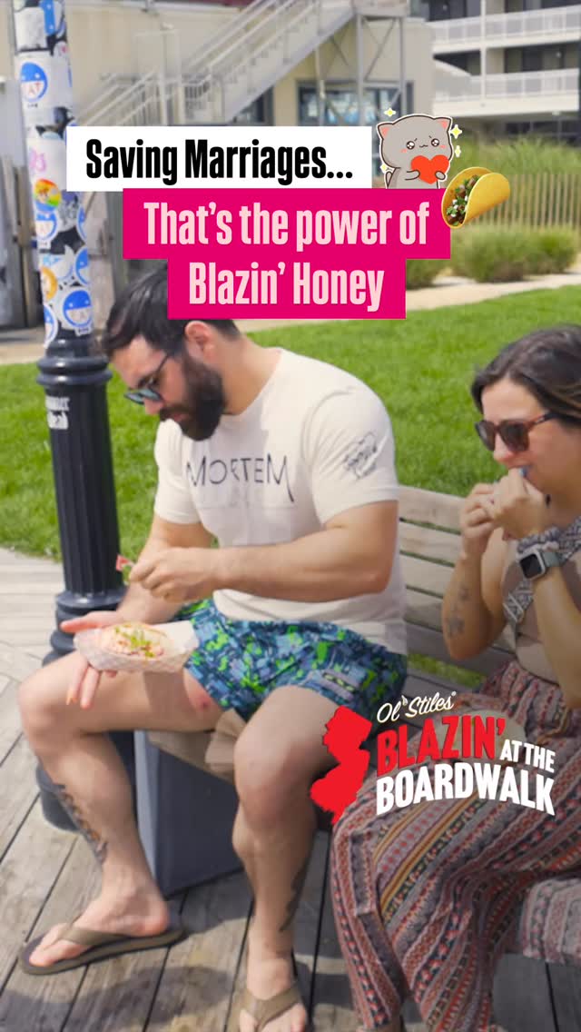 We continue Blazin’ up and down the @theasburyparkboardwalk in search of hungry people in need of the spice only Blazin’ Honey can provide. This couple were enjoying some tacos from @eatmogo on a nearby bench when they agreed to try their next bite with our hot honey. We have 2 new fans who enhanced their lunch and their relationship ❤️🌮💍#olstiles #honey #myblazinhoney #smallbusiness #hothoney #spicyfood #newjersey #taco #jerseyshore #nj #boardwalk #foodstagram #foodie #foodies #spicyfoodlover #beachlovers #mexicanfood #koreanfood #fusion #tacotuesday #instafood