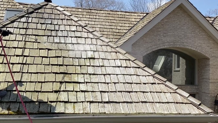 Using our Softwash process on a cedar roof. #cedarroof #cedarroofcleaning #softwash