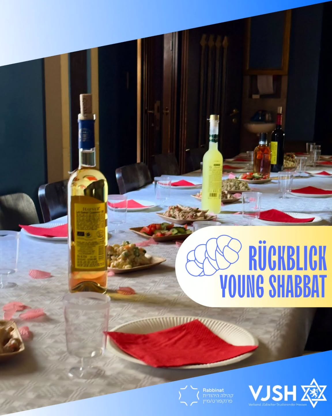 Am vergangenen Freitag fand unser Young Shabbat in Frankfurt – mit rund 30 Teilnehmenden, darunter auch einige neu Zugezogene, die wir herzlich in unserer Community willkommen heißen konnten.
Shlomi Soussan leitete als Vorbeter den Kabbalat Shabbat mit viel Herz und Energie. Im Anschluss erwartete uns ein köstlicher Kiddush, zubereitet von Shalom Makkabi, der den Abend kulinarisch abgerundet hat.
Besonders bereichernd war der inhaltliche Input zu Tu B’Av: Rabbiner Soussan erklärte die Bedeutung dieses Tages als Abschluss der dreiwöchigen Trauerzeit und als einen der beiden freudigsten Feiertage im jüdischen Kalender – oft auch als „jüdischer Valentinstag“ bezeichnet.
Ein Abend voller Gemeinschaft, guter Gespräche, Spiritualität und neuen Begegnungen – ganz im Sinne unseres Ziels, junges jüdisches Leben in Frankfurt sichtbar und erlebbar zu machen.