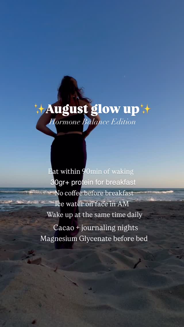 AUGUST RESET 💛 Hormone Balance Edition
My August reset kicks off today 🤪
Here’s the plan 👇
✨ Eat within 90 mins of waking
Delays = cortisol spike + blood sugar crash. Eating early = steady energy all day.
✨ 30g+ protein for breakfast
More protein = fewer cravings, better focus, stable mood.
✨ No coffee before breakfast
Caffeine on an empty stomach = cortisol chaos + hormone stress.
✨ Ice water on face in AM
Activates your vagus nerve, lifts mood, and wakes up your nervous system instantly.
✨ Wake up at the same time daily
Regulates your circadian rhythm, supports hormones, improves sleep quality.
✨ Cacao + journaling nights
Magnesium-rich + heart-opening = emotional clarity & stress release.
✨ Magnesium glycinate before bed
Supports deep sleep, muscle recovery, and eases PMS symptoms.
Glow-ups start from the inside out ❤️🔥The fastest way to feel better, look better, and show up better? Build the habits that balance your hormones and calm your nervous system.
—
Save this & start with one habit today.
Which one’s your non-negotiable this month? 👇
#HormoneGlow #AugustUpgrade #FeminineBiohacking #hormonehealth #Period #healthy #Lifestyle