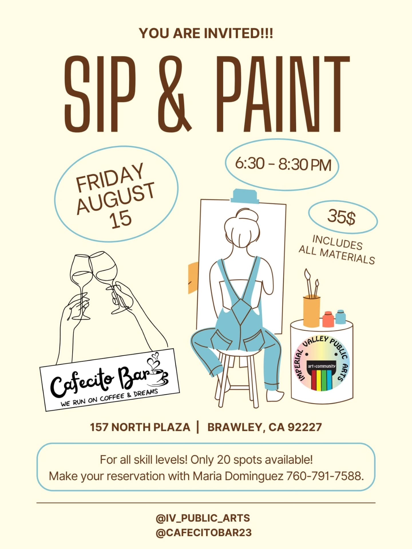 Join us this Friday, August 15th, for a relaxing evening of creativity and community at Cafecito Bar in Brawley, CA!
@cafecitobar23
We'll be painting two iconic cacti native to our beautiful Imperial Valley. Both species thrive in the arid climate of Imperial County, showcasing the resilience and beauty of our local flora.
Spots are limited! Reserve your seat now by calling or texting Maria 760-791-7588. @mariadominguez4402
Let's celebrate the unique beauty of our desert home through art!
#SipAndPaint #CafecitoBar #BrawleyEvents #ImperialValleyArt #SaguaroCactus #CaliforniaBarrelCactus #DesertFlora #LocalArtScene #FamilyOwned #SupportLocalBusinesses