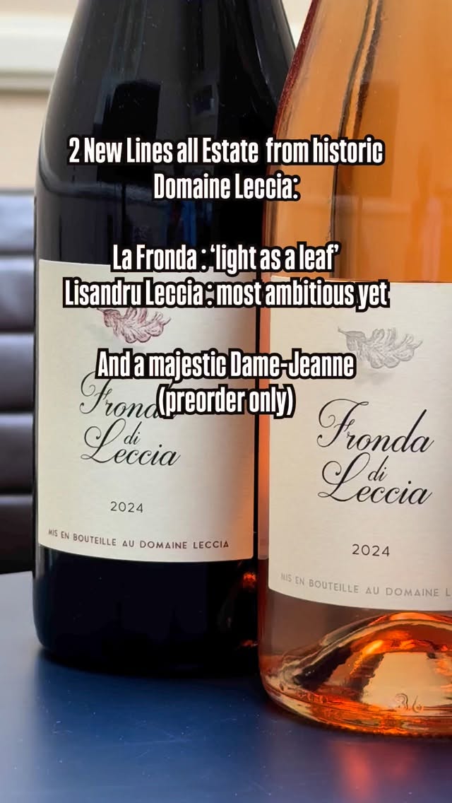 Lisandru has been hard at work to showcase everything Patrimonio has to offer: adding to the historic lineup of Estate Patrimonio white (not pictured), rose and red, we now have a limited release of La Fronda (‘leaf’ in Corsican) with a lighter profile, perfect for warmer days. On the other side of the spectrum a very limited number of a more ambitious line bearing Lisandru’s name. A white ‘Campu di Cristallu’, ‘Di Ghemme’ and ‘Fiordipella’. Curious?? Oh, how about a Dame-Jeanne of Muscat du Cap Corse to brighten the day of everyone stepping into your establishment ?
#Leccia #domaineleccia #corsica #corsicawine #patrimoniowine #organic #biodynamic #muscat #muscatducapcorse