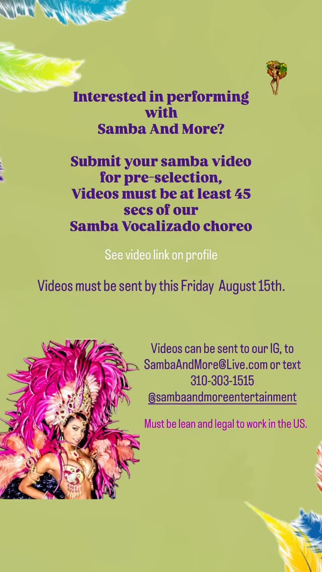 https://youtu.be/sxphBsJ9qh0?si=kuVWd1TirtyuERDV - See link on profile
#samba #dancer #auditions