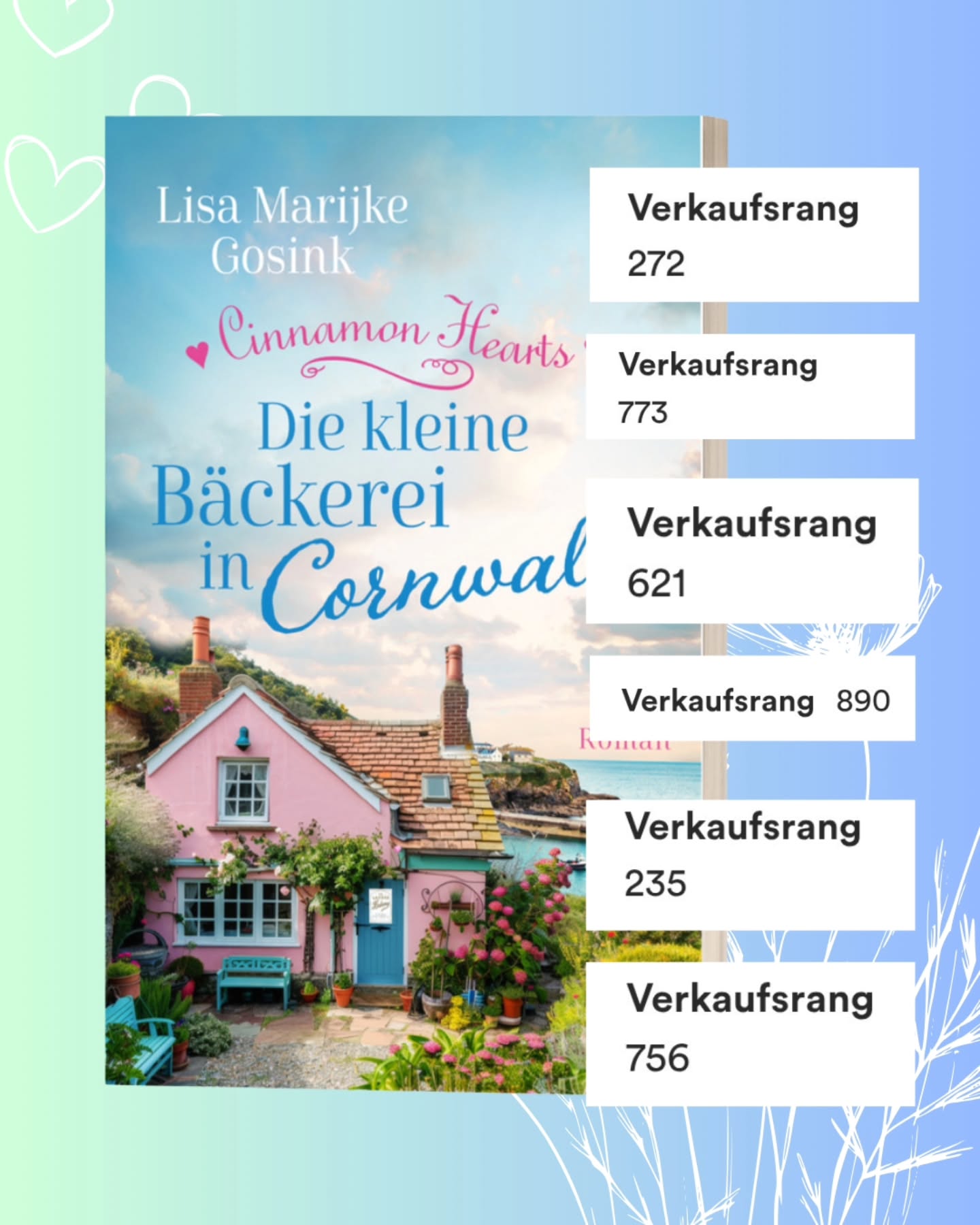 Wisst ihr, wie krass das für mich ist?
Klar, am Ende sind das nur Zahlen, die nur bedingt etwas aussagen, aber ich würde lügen, wenn ich behaupten würde, dass es sich nicht gut anfühlt.😍
Danke für jeden, der das Ebook gekauft hat. Es kommt noch viel krasses dazu! 🥰
Darum geht's in Cinnamon Hearts:
Liebe, Flüstern und Zuckergebäck: Willkommen in der West View Lane …
Die schüchterne Willow zaubert leidenschaftlich gern Kuchen und Croissants in der »Sweet Tooth Bakery« auf der malerischen Ladenstraße West View Lane. Doch das verschlafene Hafenstädtchen Pinecrest wird schlagartig wach, als ihr Kindheitsschwarm Charlie aus London zurückkehrt. Lange Zeit hat er sich nicht blicken lassen – immerhin soll er die junge Layla und ihren Süßigkeitenladen in den Ruin getrieben haben. Ein paar Missverständnisse, Zufälle und eine kleine Notlüge später findet Willow sich mitten in der brodelnden Gerüchteküche wieder: Sie und Charlie sollen ein Paar sein! Kann sie diese Gelegenheit nutzen, um Charlie mit seiner Heimat zu versöhnen? Sollte sie sich von ihm fernhalten? Nur eines weiß Willow sicher: Noch immer lässt Charlies Lächeln für sie die Sonne aufgehen …
Ein zuckersüßer Liebesroman für Fans von Jenny Colgan und Manuela Inusa.
Seit dem 01.08. exklusiv vorab bei Thalia als E-Book