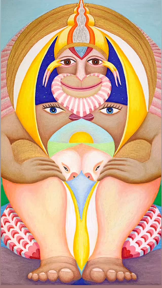 THE CREATIVE WONDERBOY is a visual reflexion of qualities, leading to freedom and co-creation with life. Hanuman the revered Hindu deity is depicted. He symbolizes courage, selfless service, and unwavering faith. A pelican is sitting between his legs seeming to be part of his body. The pelican is a spiritual symbol of sacrifice, generosity, and divine provision. It represents selflessness, abundance, and the ability to rise above challenges with grace. Hanuman wears a crown, that channels light into his body. His head is protected by diverse shields, ensuring autonomy and freedom of mind. Hanuman’s shoulders are two Horus figures. Horus is an ancient Egyptian god of the sky, protection, and kingship. He symbolizes divine vision, power, and victory over darkness.
Big thanks to Constance, who commissioned this soul portrait and to Rumi, who I was allowed to portray.
#soulportrait
#contemporaryart
#art
#visionaryart
#freedom
#hanuman
#cocreation