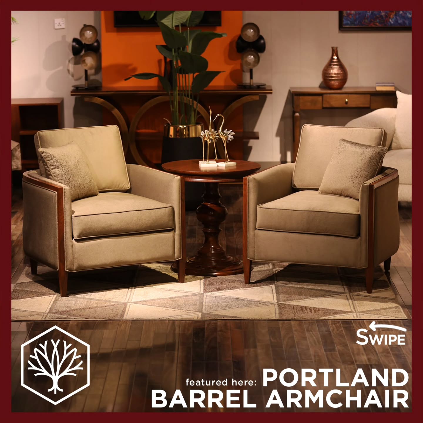 Blending modern Art Deco inspiration with plush comfort, the Portland barrel chair offers the perfect balance of style and ease. Its loose back and seat cushions create a relaxed, inviting feel, while the striking exposed wood frame adds a touch of refined sophistication. Equally elegant solo or as a pair, this barrel-back chair combines everyday functionality with timeless style—beautifully.
