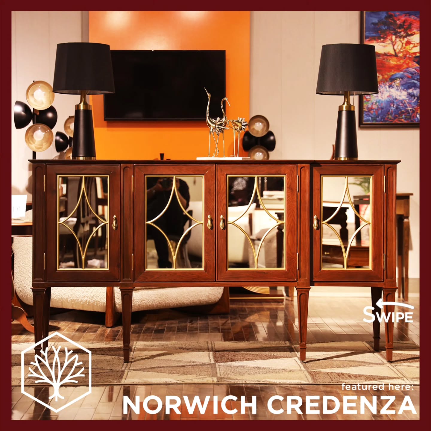 The versatile Norwich Credenza exudes transitional charm, offering both surprise and sophistication. Its generous proportions are elevated by gracefully tapered legs and recessed pilasters that add subtle architectural detail. The true showpiece lies in its cabinet doors, where mirrored panels are embellished with golden grilles in a striking arched motif.