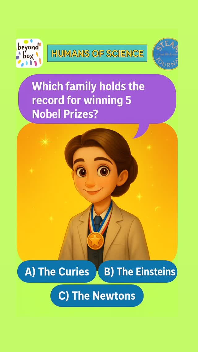 One family. Five Nobel Prizes. From Marie Curie’s glowing discovery of radium to Irene’s trailblazing science, the Curie family’s spark of curiosity still lights up our world today. 🌍✨ Discover more inspiring stories in the Humans of Science series! #ScienceForKids #STEAM #NobelPrize #MarieCurie #WomenInScience #FunLearning #Curiosity