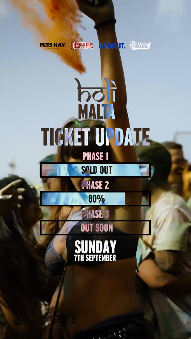 ‼️TICKET UPDATE‼️
With the highly anticipated September edition of HOLI MALTA approaching we’d like to remind everyone — we are are selling out.
Due to to the limited number of tickets, we have released the PHASE 3 tickets to make sure that there is no unwanted disappointment.
Get ready to experience colour & unity like never before, only at HOLI ✨
🗓️ DATE: Sunday 7th September
📌LOCATION: BMX Track, Pembroke
🎫 TICKETS: @holi.malta bio!