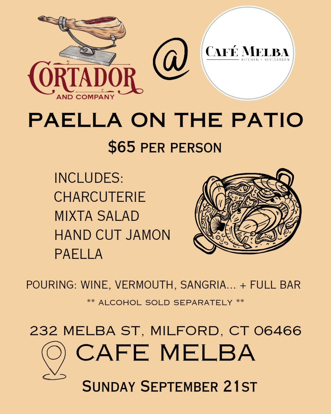 JOIN US AT THE BEV GARDEN AS WE TRAVEL TO SPAIN AT CAFE MELBA...
SUNDAY SEPTEMBER 21ST
AN EVENING OF
🫒CHARCUTERIE
🐷 HAND CARVED JAMON... AND OF COURSE...
🍛 PAELLA
When: Sunday September 21st
Where: 📍The Bev Garden @ Cafe Melba
Time: 4pm
Includes:
$65 per person
charcuterie, salad, hand-carved jamon by Chef Dylan Hansen
He will be cooking up two massive paellas on the patio
🦐 mariscos (traditional seafood paella)
🥕 Veduras (vegan summer veggie)
We will be serving it up family style
Full bar
🍻 brews
🍷wine & vermouth
🍸 gin+tonic & cocktails
** Alcohol not included in ticket price, Purchased a la carte. Please tip accordingly**
TO RESERVE YOUR SPOT YOU MUST CONTACT DAN KARDOS DIRECTLY @chefdankardos @cafemelbact
You can do so via Instagram DM ☝️☝️☝️☝️
Kindly include the number of guests in your group and he will send you the payment info. We must receive payment in advance
Can't wait to see you all there!
** All sales are final. Rain date Sunday October 5th **