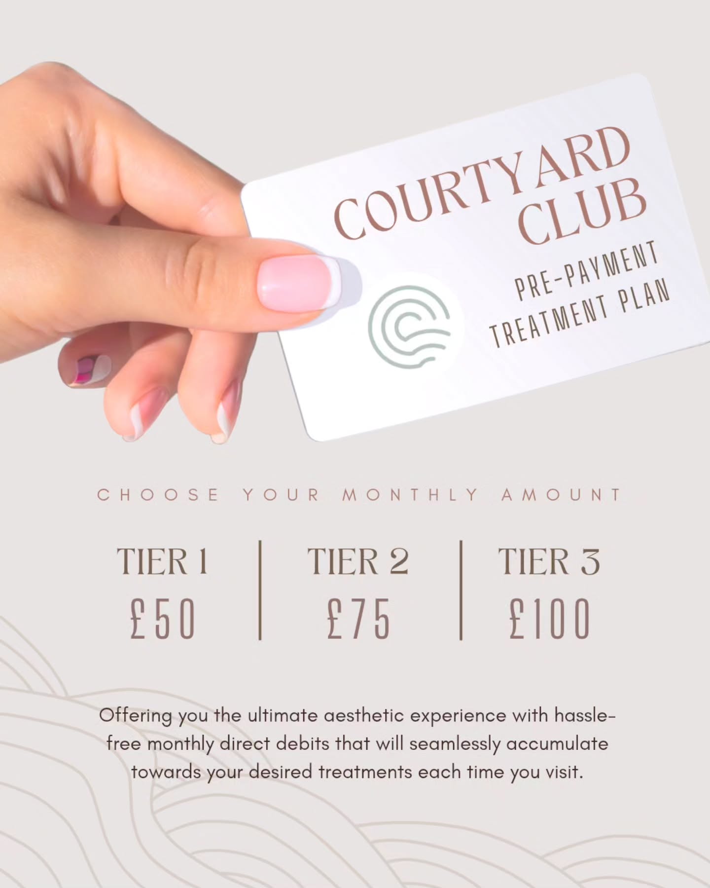 Are you part of our Courtyard Club?
With our Pre-Payment Treatment Plan, you can enjoy your favourite treatments without the stress of paying in one go. Simply choose a monthly tier and let your balance build up:
💫 Tier 1 – £50/month
💫 Tier 2 – £75/month
💫 Tier 3 – £100/month
Your payments seamlessly accumulate each month, ready for you to use whenever you visit.
Self-care made simple.
You can sign up anytime through our website: www.thecourtyardcliniciw.co.uk
Because looking after yourself should feel as good as the results. 💆♀️✨
•
•
•
#paymentplan #treatments #splitthecost #madeeasy #aesthetictreatments #aestheticclinic #skindoctor #skinclinic #skintreatments #feelgood