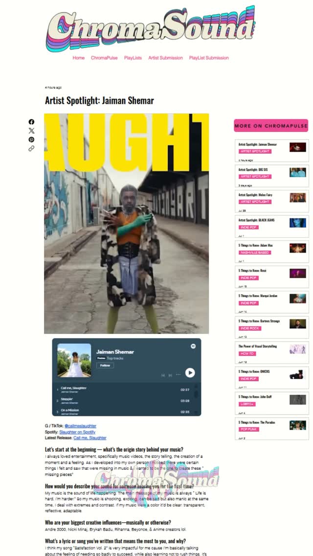 🗣️ Discover more indie magic on our Artist Spotlight series
💻 Visit ChromaSoundMusic.com
📲 Stream Jaiman Shemar now and experience soul-stirring R&B wrapped in raw emotion, style, and unapologetic honesty @callmeslaughter
🖤 #JaimanShemar #ChromaSound #ArtistSpotlight #SupportIndieArtists