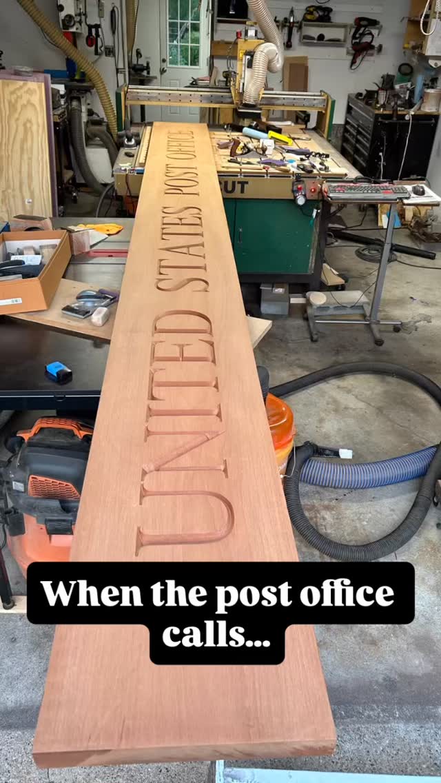 When the USPS calls, you must deliver!!! The post office sign on Block Island needed to be replaced and we were up for the challenge. This started out as a raw piece of beautiful mahogany, purchased at @readers_hardwood_supply. It was 16 feet long. We had to use multiple tiling tool paths for this project since our machine is only 4 feet. We had to keep the garage door open to fit the piece at one point 🤣🤣. Our shop may be small but we are mighty and up for a challenge. The customer planned on doing the finishing so we will post a photo of the final finish soon. What can we create for you? #cncmachining #cncwoodworking #unitedstatespostalservice #usps #blockisland #postoffice #blockislandpostoffice #customcarvedsigns #mailman #postal