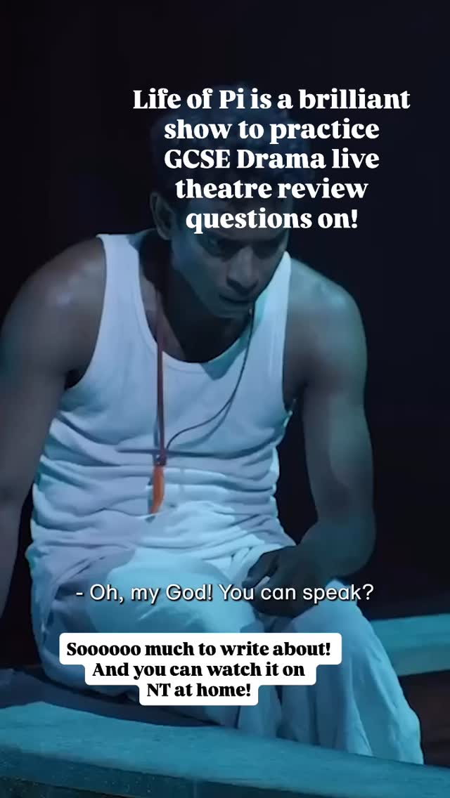 I took a recent group of GCSE Drama students to see Life of Pi for their live theatre review paper when it was on tour and it was FANTASTIC!
So much to write about for both design and acting!
If you haven’t seen it check it out on @nationaltheatre at home!
And if you’d like a video on how to answer a live theatre review question, drop the word ‘review’ in the comments 🎭🥳