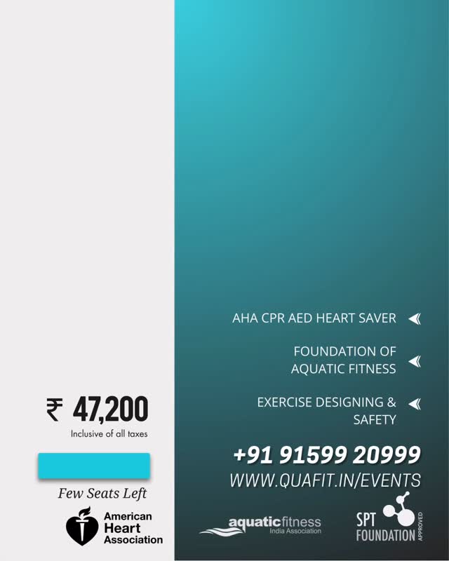 REGISTRATION OPEN NOW.
FEW SEATS LEFT.
Dive into a new career with our Globally recognised Aquatic Fitness Instructor Certification program by Quafit.
Join us at Chennai on
February 12,13,14,15 2026
to gain expertise in water fitness training. Learn from top professionals and get certified in essential skills like
✅ AHA CPR & AED
✅ foundational aquatic fitness,
✅ safety measures,
✅ stretches, and
✅ program design.
Don’t miss this opportunity to become a specialist in the growing field of aquatic fitness!
📞 For more information,
contact us at
+91 91599 20999
or email at
info@quafit.in.
#AquaticFitness #InstructorCertification #ChennaiEvents #FitnessCareer #CPRTraining #AquaticWorkout #FitnessInstructor #Quafit #HealthAndWellness #CareerOpportunities #FitnessTraining #LeadTheWay #FitnessProfessionals #AEDTraining #CPRCertified #ChennaiFitness #AquaFit #FitnessGoals #HealthyLifestyle