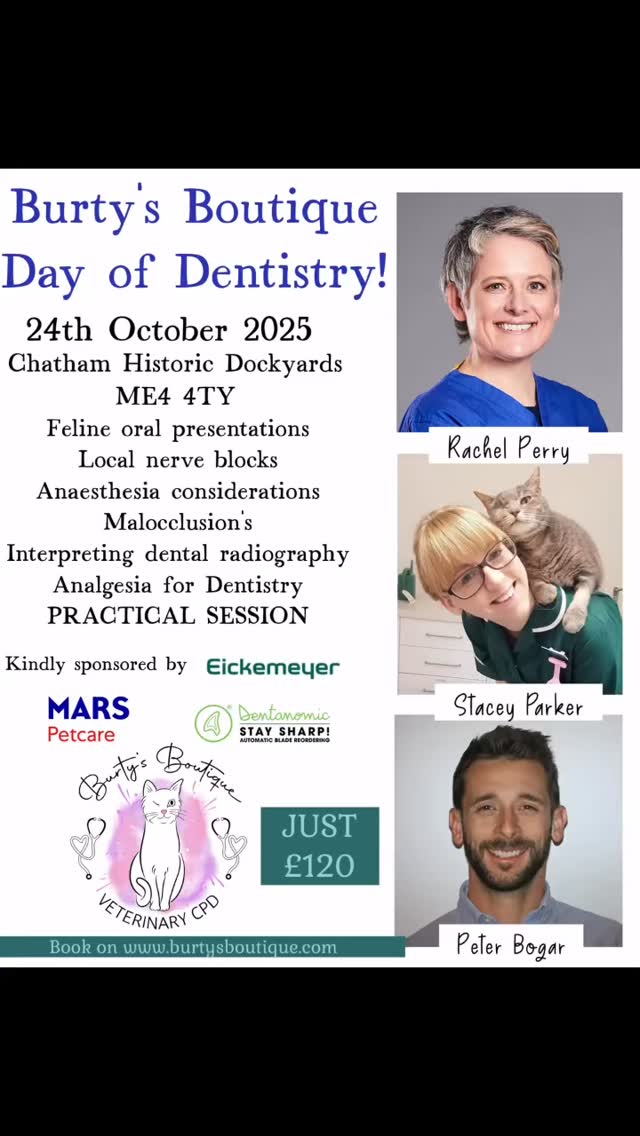 Have you been thinking about joining us for some CPD this year? Or unsure what our face to face CPD involves? Take a peek- see what you think! We would love to see you join us for our CPD day of Anaesthesia, Analgesia and Dentistry this October. You can get all the information and book your place on our website www.burtysboutique.com or email us via the website to book via invoice directly to your practice.
Huge thanks to @dentanomic and Mars PetCare for being our sponsors for this event and the amazing venue @dockyard.chatham for hosting us ☺️☺️