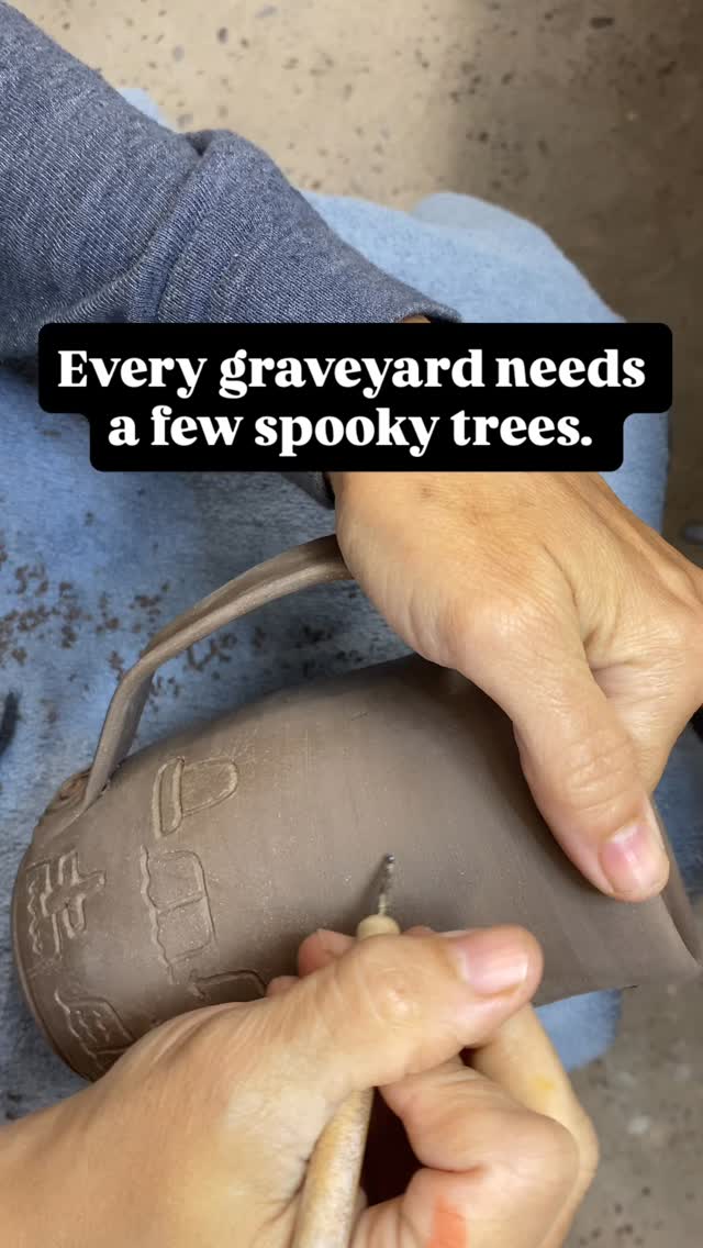 I have a lot to learn as far as videoing my process goes but I won’t learn if I don’t try, right? I will try again to capture myself carving the graveyard and ghosts, for now, in this video I am carving a tree, one of my favorite things to carve. Also, this video is obviously sped up 😆 🌳 #halloweenmug #hauntedhousemug #potterymugs #potterycarving #potteryprocess #appalachianartist #handmadepottery #appalachianart #mugcollection #madeinwv