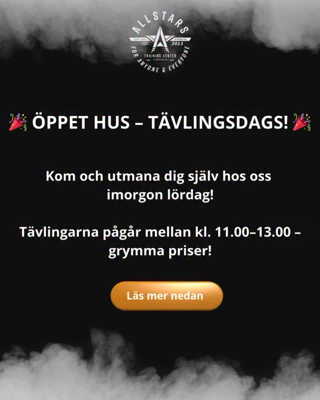 ✨TÄVLINGAR ÖPPET HUS 30/8 ✨
- UTHÅLLIGHETSTÄVLING
👉 Killar: Håll 4 kg-hantlar i raka armar i axelhöjd så länge du kan!
👉 Tjejer: Samma utmaning – men med 2 kg-hantlar!
💥 Bästa tiden vinner!
🥇 1:a pris: Ett årskort, parkettbiljett till AFN 11 & Allstars t-shirt
🥈 2:a & 🥉 3:e pris: Allstars t-shirt
(Tjejer och killar tävlar var för sig)
- CHIN & DIP-TÄVLINGEN
👉 Killar & tjejer tävlar var för sig – flest strikta chins + dips vinner.
Visa styrkan – ta hem vinsten!
🥇 1:a pris: Ett årskort, parkettbiljett till AFN 11 & Allstars t-shirt
🥈 2:a & 🥉 3:e pris: Allstars t-shirt
VÄLKOMMEN 💙