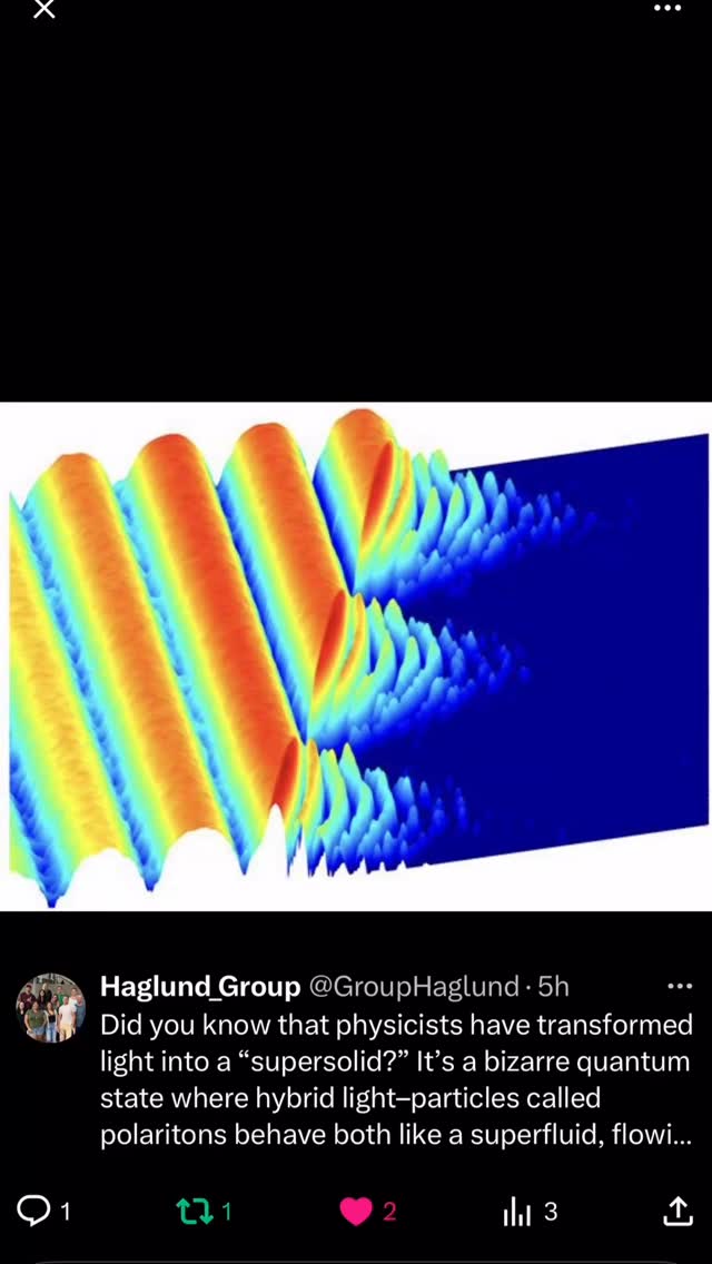 Did you know that physicists have transformed light into a “supersolid?” It’s a bizarre quantum state where hybrid light–particles called polaritons behave both like a superfluid, flowing without friction, and like a crystalline solid, forming an ordered lattice.
Reference: https://www.nature.com/articles/s41586-025-08616-9
#funfacts #funfactfriday #funfact #scientificfacts #hawaii #universityofhawaiiatmanoa #uhm #universityofhawaiia #uh #science #researchgroup #haglundgroup #drhaglund