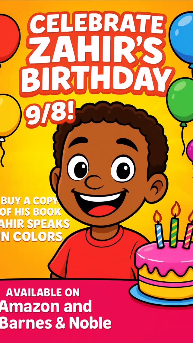 🎉 We’re celebrating BIG, Zahir’s birthday is coming up on 9/8! 🥳💙🧩
What better way to honor him than by grabbing a copy of his book Zahir Speaks in Colors 📖✨ Available now on Amazon & Barnes & Noble!
This bright and joyful story brings Zahir’s world to life, full of love, inclusion, and imagination. Every purchase helps us spread awareness, representation, and joy to families everywhere.
Links are in my bio!!