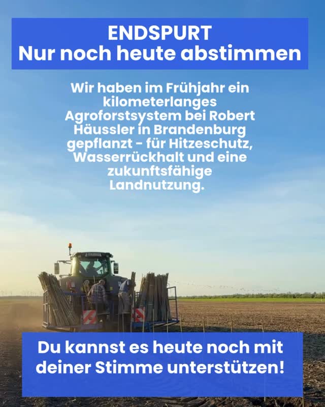 ENDSPURT - Heute noch abstimmen und unser Agroforst-Projekt bei Robert Häussler in Brandenburg unterstützen – die E.ON Stiftung spendet 10.000 Euro an das Gewinnerprojekt des Public Voting, das morgen endet: https://www.eon-stiftung.com/de/handeln/european-climate-fund/voting-2025.html (den Link findest du auch in unserem Profil zum direkt draufklicken)
Stimmt für unser Projekt und setzt zusammen mit uns ein Zeichen für mehr Agroforst! 🌳☀️💧
#agroforst #agroforstsysteme #co2 #klimaschutz #umweltschutz #biodiversität #klimawandel #naturschutz #vivocarbon #regenerativelandwirtschaft #agroforestry #agroforestrysystems #biodiversity #carbonremoval #Klimakrise #Agrarwende