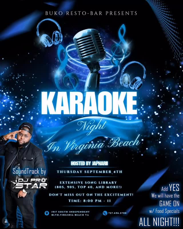 This Thursday we live at @bukorestobar for Karaoke Night hosted by @japharii757 Come Out and sing your favorite hits. And YES we will have the game on…So come out enjoy food specials and drinks #757nightlife #VaBeach