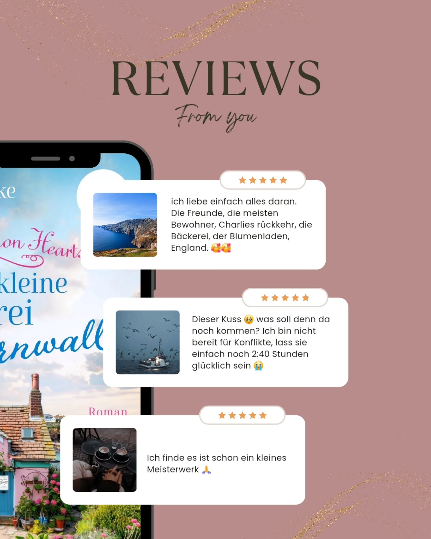 Diese Nachrichten.
Ich könnte bei jeder neuen Benachrichtigung wieder heulen. 🥰🥰😭😭
Danke für diese wundervollen Rückmeldungen.
Wer mir einen Gefallen tun will und Cinnamon Hearts bereits zu Ende gelesen hat:
Schreibt doch gerne eine Rezension auf den gängigen Plattformen. Es würde mich unfassbar glücklich machen!
Und für alle, die das Buch noch nicht kennen:
Liebe, Flüstern und Zuckergebäck: Willkommen in der West View Lane …
Die schüchterne Willow zaubert leidenschaftlich gern Kuchen und Croissants in der »Sweet Tooth Bakery« auf der malerischen Ladenstraße West View Lane. Doch das verschlafene Hafenstädtchen Pinecrest wird schlagartig wach, als ihr Kindheitsschwarm Charlie aus London zurückkehrt. Lange Zeit hat er sich nicht blicken lassen – immerhin soll er die junge Layla und ihren Süßigkeitenladen in den Ruin getrieben haben. Ein paar Missverständnisse, Zufälle und eine kleine Notlüge später findet Willow sich mitten in der brodelnden Gerüchteküche wieder: Sie und Charlie sollen ein Paar sein! Kann sie diese Gelegenheit nutzen, um Charlie mit seiner Heimat zu versöhnen? Sollte sie sich von ihm fernhalten? Nur eines weiß Willow sicher: Noch immer lässt Charlies Lächeln für sie die Sonne aufgehen …
Ein zuckersüßer Liebesroman für Fans von Jenny Colgan und Manuela Inusa.
Cozy Romance meets Fake Dating meets childhood Crush!!