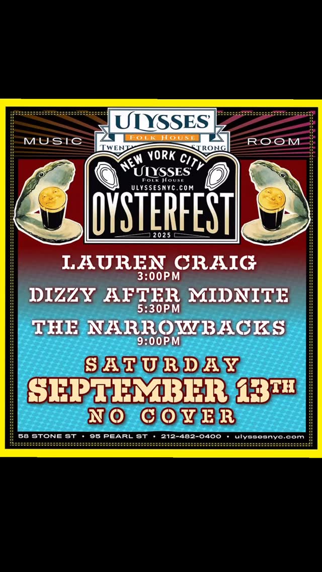 Dizzy After Midnight takes the stage at Oysterfest 2025 🎶🦪
📍 Ulysses Folk House, NYC
🗓 Saturday, September 13th
⏰ 5:30 PM
🎟 No cover
#DizzyAfterMidnight #Oysterfest #LiveMusicNYC #StoneStreet #UlyssesFolkHouse