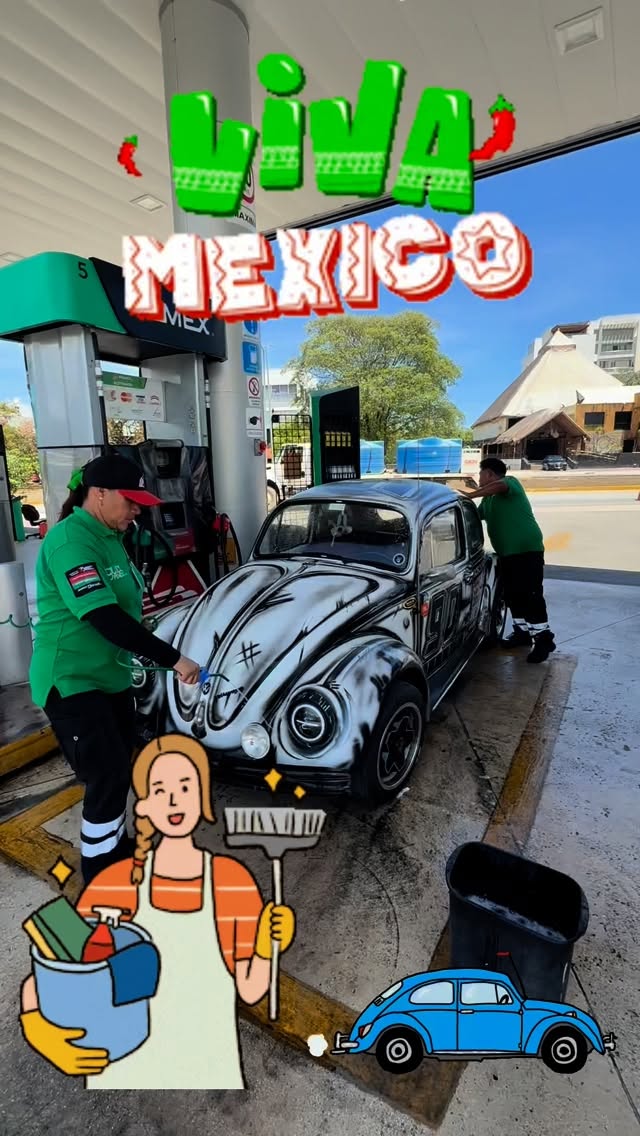 Getting ready for the next tour with Señor Travel Bug (www.senortravelbug.com). Greta service here at the fuel pump - $4 extra for a full hand car wash. #vw #vwbeetle #classiccar #mexico #csncun #privatetlour