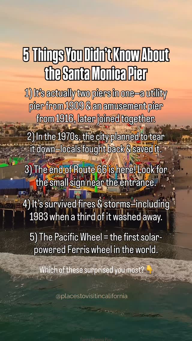 📍 Santa Monica Pier Details
Santa Monica Pier
4.6 ⭐️⭐️⭐️⭐️⭐️ (128k)
200 Santa Monica Pier
Santa Monica, CA
The Santa Monica Pier is more than an amusement park by the sea. It is the symbolic end of Route 66, home to a century-old carousel, and a stage for sunsets that have inspired generations. A landmark where history and oceanfront culture meet.
Which fun fact surprised you the most?
Planning a trip to Santa Monica? Go beyond the pier and experience the Best of LA Sightseeing Tour. From landmark views to cultural highlights, it offers a curated glimpse of the city at its finest. Reservations are limited—secure your place through the link in bio.
Dreaming of the open road? Discover California’s most breathtaking routes with our complimentary guide to the Top 5 Scenic Drives. Comment or send a message with “Roadtrip” to receive your copy.
Follow @placestovisitincalifornia for California’s most inspiring places to explore and experience.
About Santa Monica:
Santa Monica is one of LA’s most livable coastal cities, blending ocean breezes with city energy. Residents enjoy walkable streets, world-class dining, bike paths along the beach, and endless sunshine—making it a dream spot for coastal living.
As of August 2025, Santa Monica’s housing market remains strong with median home prices around $1.65M. Ocean-view condos and single-family homes drive demand, while competition stays high due to limited supply and steady interest from luxury buyers.
.
.
Hashtags: #placeastovisitincalifornia #California #visitcalifornia #cali #californiacoast #socal #tourism #southerncalifornia #californialife
#didyouknow #didyouknowfacts #fact #facts #factsdaily #funfacts #fyi #history #historyfacts #instafacts #interestingfacts #iwastodayyearsold #mindblown #californiaadventure
#santamonicabeach #worldfacts #santamonicapier