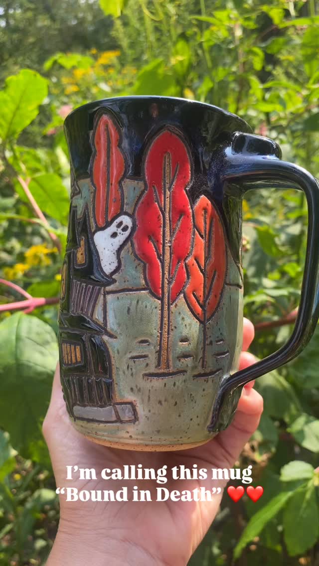 I could carve haunted houses and graveyards all day long, and I have!
This one has it all -Haunted house 🏚️
Graveyard 🪦
Autumn trees 🍂
Ghosts 👻
Full moon 🌝
Auras in background 💙
Eternal lovers ❤️❤️
This mug is definitely haunted ✨
#handmademug #hauntedhouse #hauntedmug #hauntedhousemug #potteryofinstagram #halloweencollection #mugcollector #mugcollection