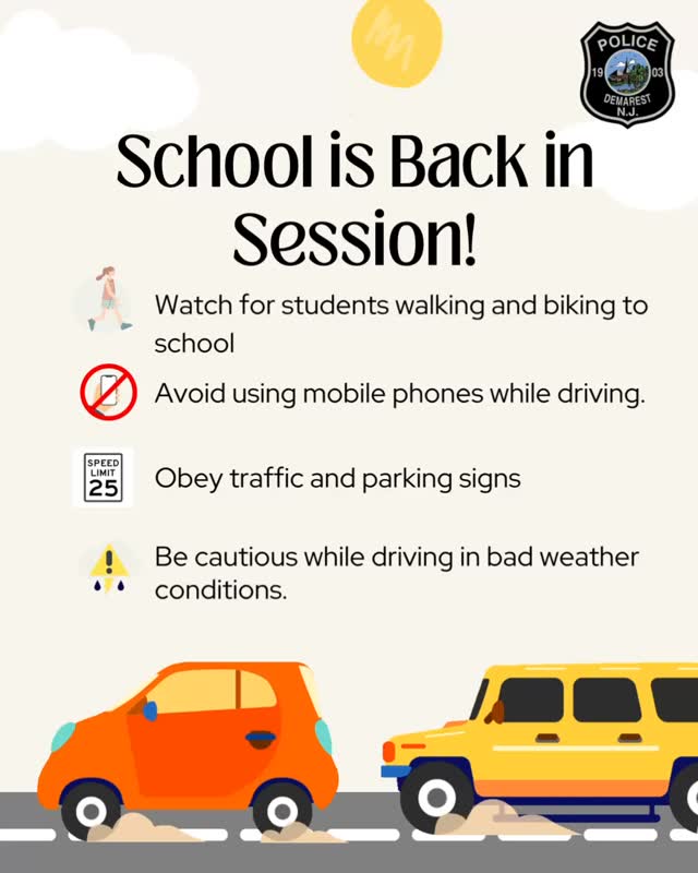 School is back in session. Please slow down, watch for crossing guards, and never pass a stopped school bus. Let’s keep our children and community safe.
If you have questions about traffic patterns for school drop off or pick up, please contact your appropriate school. Be mindful of restricted streets, no parking signs, and timed parking areas during school hours.