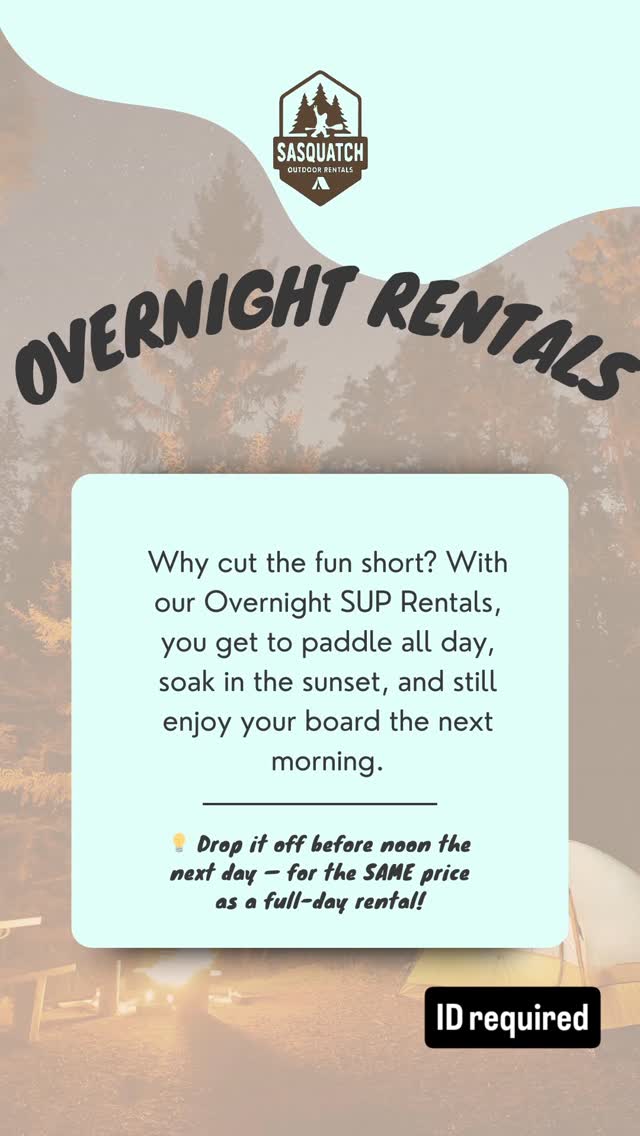 Take your paddle adventure to the 🌙 and back! Keep your SUP overnight and drop it off by noon the next day, all for the same price as a full-day rental 🚣♂️✨
T&Cs apply, valid ID required.
#PaddleMore #SUPAdventure #FraserValleyFun
#sasquatchapproved #chilliwackpaddleboardrental