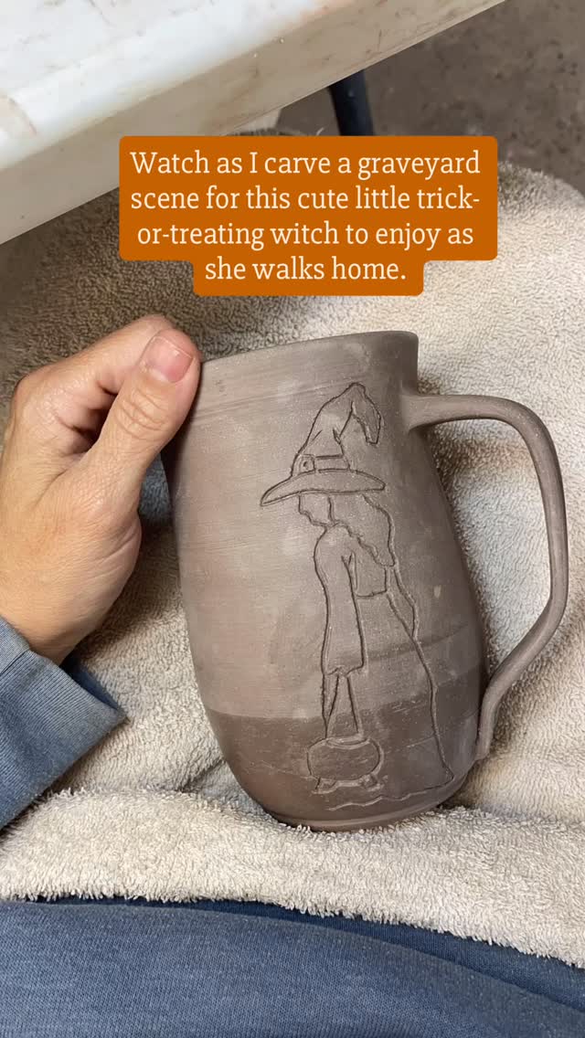 It’s a lot slower than this but I pondered how long someone could or would want to watch me carve 🤔 so here’s the sped up version for now. I hope you enjoy watching as I make a scene come to life for a little trick-or-treating witch on her way home to her cozy haunted house. #hauntedhousemug #witchmug #halloweenmug #appalchianart #appalachianartist #handcarving #potteryofinstagram