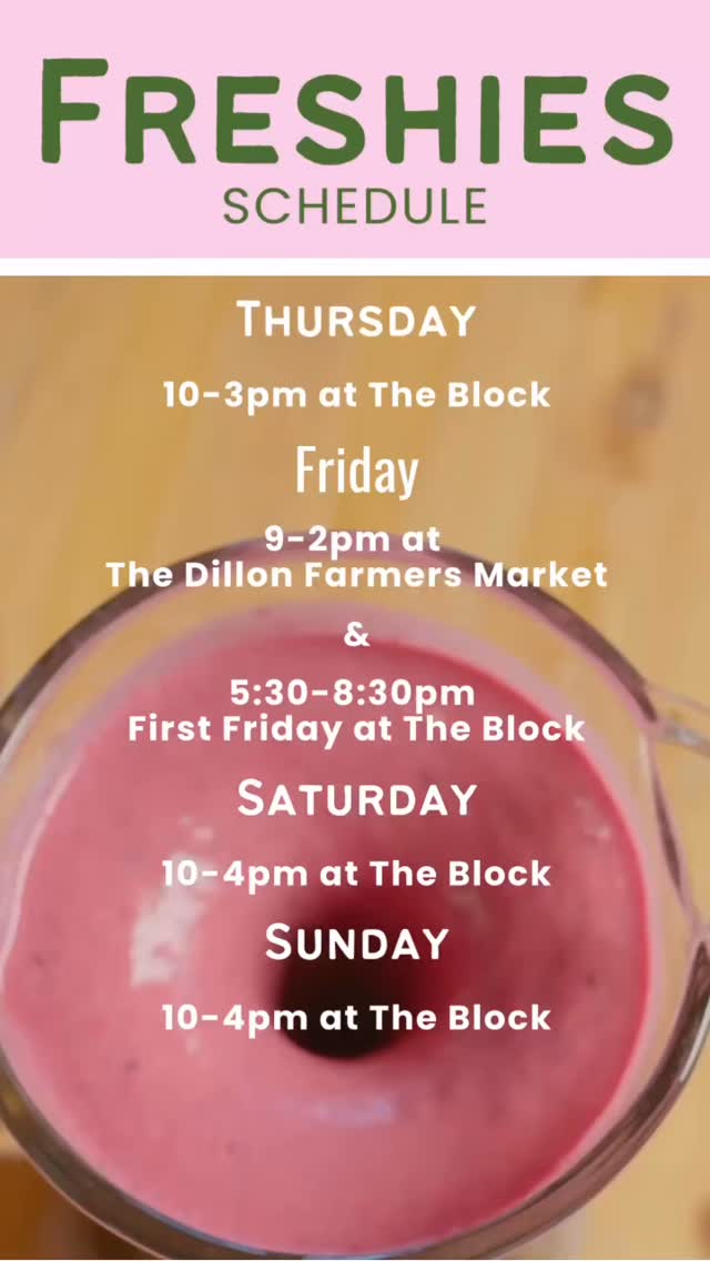 Here’s where to find Freshies in the wild this weekend. Come find us and start your September with something healthy and delicious!
🍎 🍌 🫐 🌱
Thurs: 10-3pm at The Block
Fri: 9-2pm at The Dillon Farmers Market
&
5:30-8:30pm First Friday at The Block
Sat: 10-4pm at The Block
Sun: 10-4pm at The Block @theblocksilverthorne