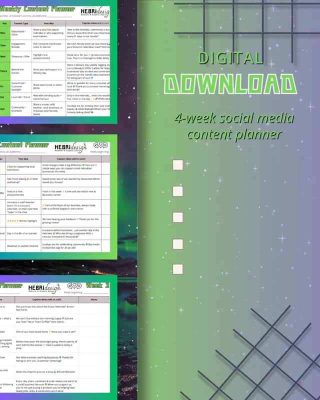 Running a small business in the Outer Hebrides? 🌊
Our 4 Week Social Media Planner gives you daily post ideas + caption starters so you never run out of content ✨
Stay consistent, save time, and get your business seen, without the stress 📲
👉 Download today and make social media simple. 🔗 In bio.