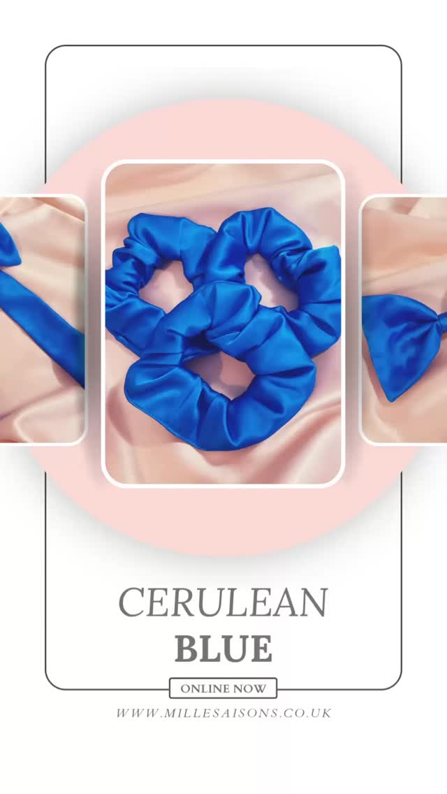 Trying a new kind of video to show you every piece now available in Cerulean Blue!
I had to go with cerulean for the name because anyone who wanted to study fashion in the 00s knows that Devil Wears Prada scene
Video description- Images of blue silk accessories including scrunchies, headbands, ribbons and hair elastics scroll on top of a pink circle background with a decorative frame and text reading Cerulean Blue Online Now www.millesaisons.co.uk