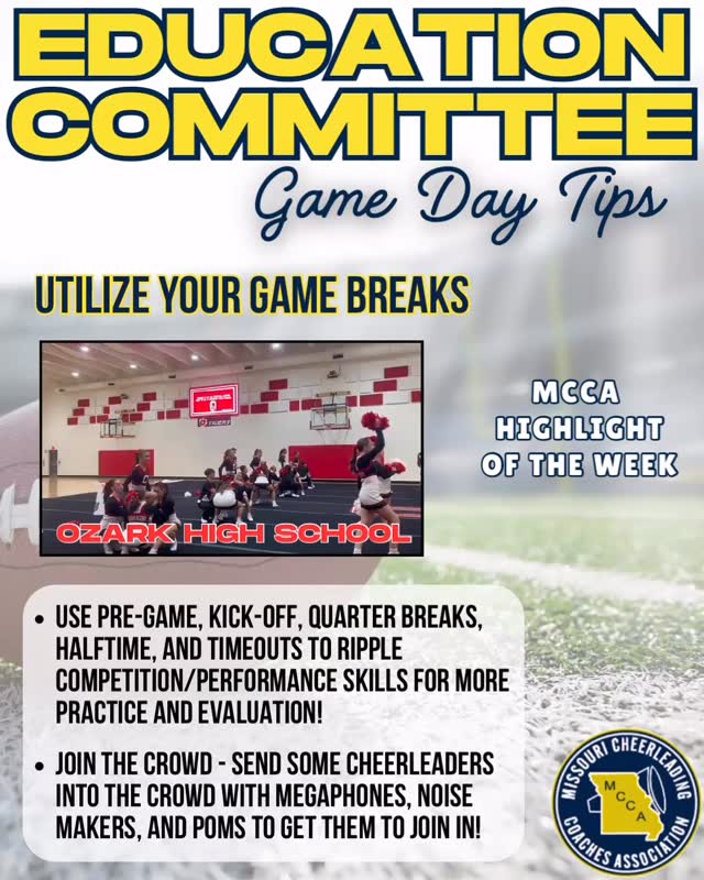 Utilize your game breaks to maximize your practice!
Want your team to be featured? DM us videos and pictures! You and your team may be next!! 👀
#mocheer #gameday #sidelinecheer #competitioncheer #mcca #missouricheercoaches #educationcommitteeexplains