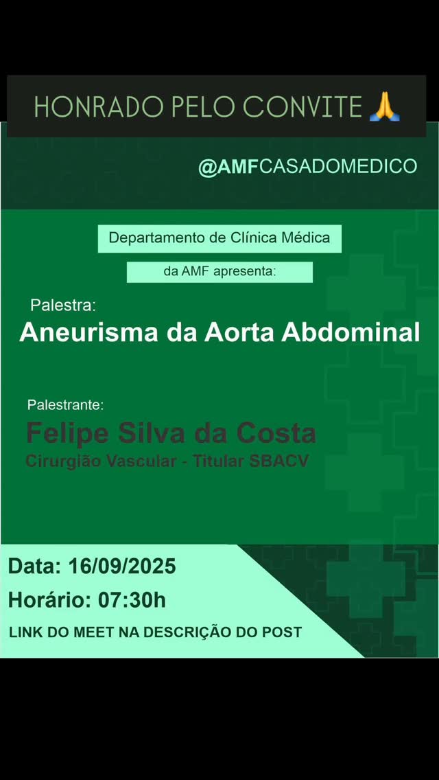 Honrado pelo convite do Departamento de Clínica Médica da Associação Médica Fluminense @amfcasadomedico para falarmos um pouco sobre “Aneurisma de Aorta Abdominal - Investigação e Condutas iniciais”. Os colegas médicos que tiverem interesse em assistir, me contactem no celular ou aqui mesmo (na publicação ou no DM). Apresentação leve, voltada para clínicos. Não será sobre tratamentos ou casos complexos. Apresentação focada em melhorar a percepção sobre a doença e sobre o doente, que pode estar passando pelo seu consultório por outra queixa até de menor risco de vida. Oportunidade também de conhecer mais sobre a AMF! @jlrrosati @flavio.nery.7 😉 #Aneurisma #Aorta #cirurgiavascular